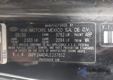 2020 Kia Forte Lxs z USA, uszkodzony, nr VIN 3KPF24AD4LE237812